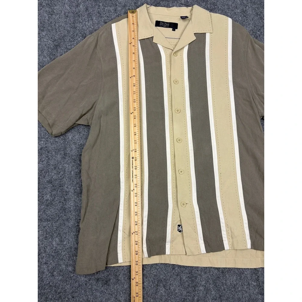 Nat Nast Luxury Originals 100% Silk Short Sleeve Bowling Shirt Tan Brown Mens L